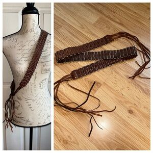 NWT Guess Leather Fringe Silver Hardware Brown Tie Belt Sz Large XLarge